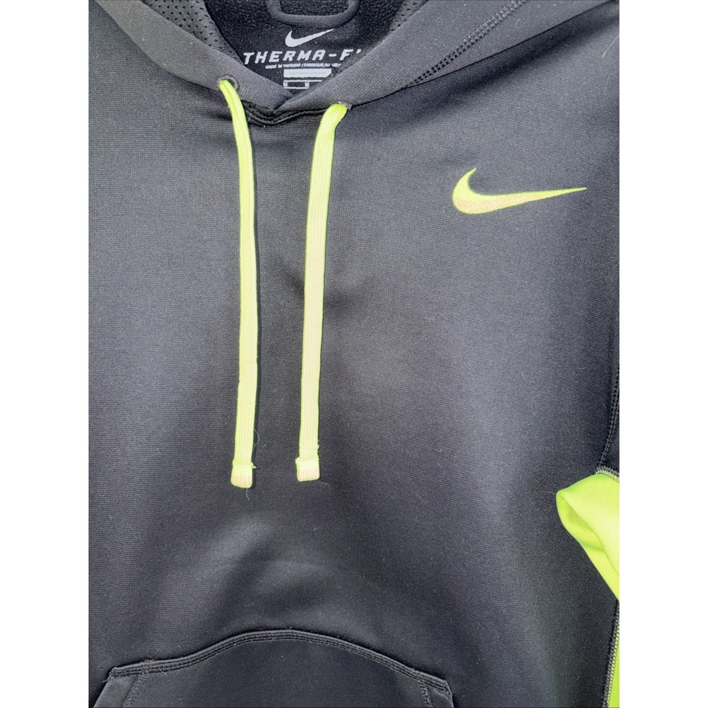 Nike Hoodie Mens Medium Therma Fit Black Neon Green Swoosh Pullover Sweatshirt - Picture 4 of 14
